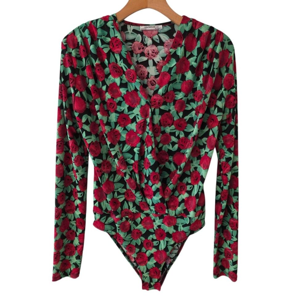Zara Trafaluc Floral‎ Bodysuit Long Sleeve Bodysuit Top Size Small Roses Vibrant